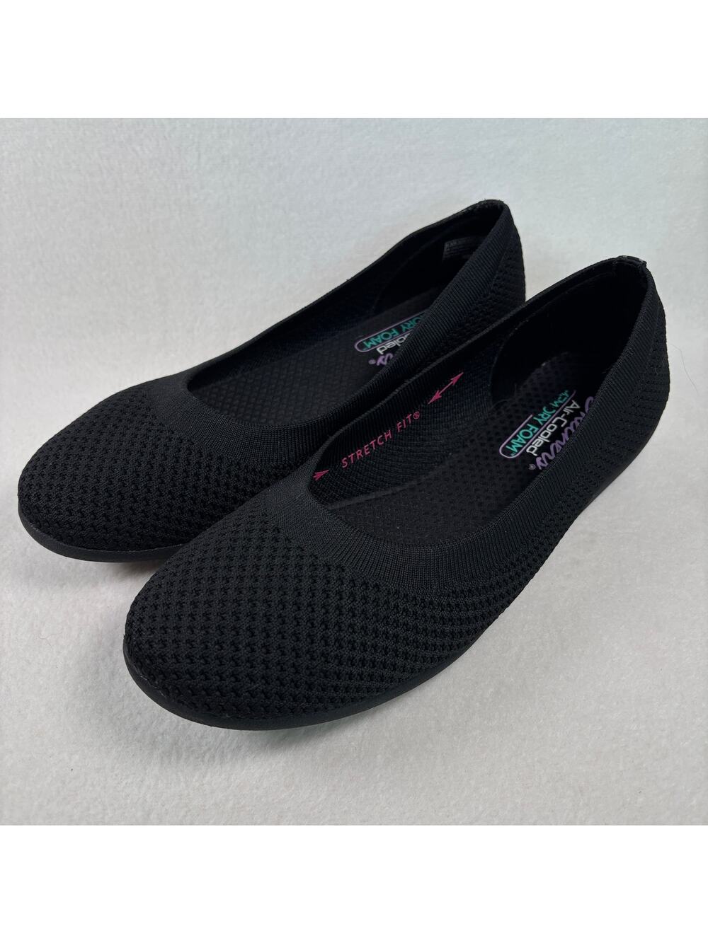 Skechers Cleo Sport Stretch Fit Black Memory Foam Slip-on Skimmer Flats 9.5